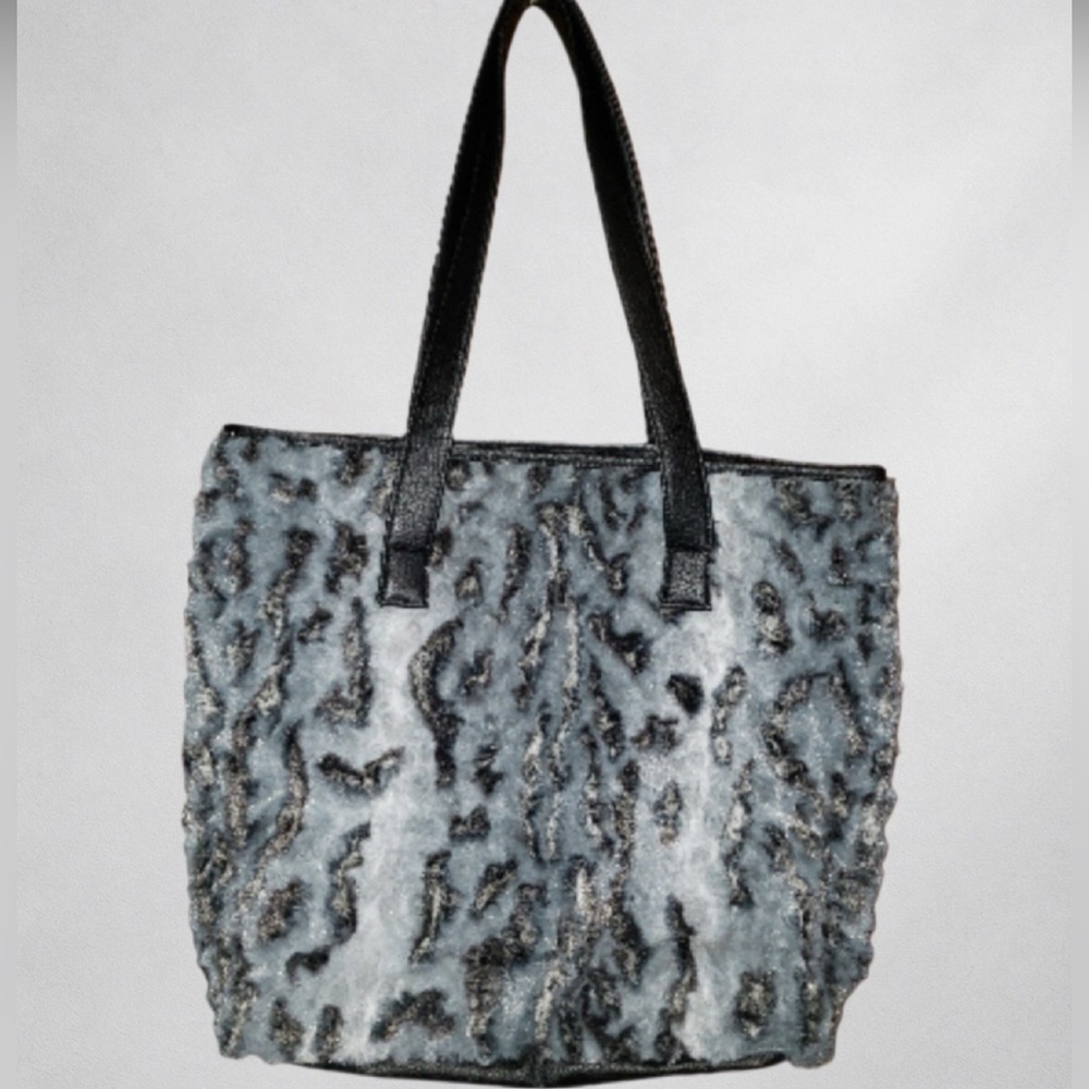 Dennis Basso Home Faux Fur Tote Bag Gray Textured Plush Black Trim NWOT
